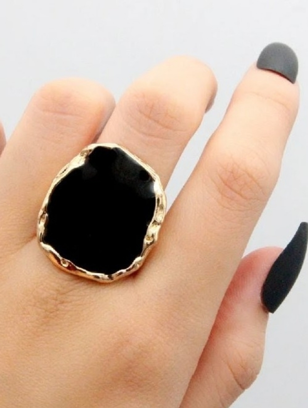 Gold Plated Unique Shaped Edge Black Drip Statement Ring